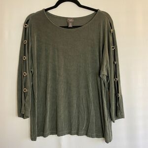 Chicos Travelers Slinky Top Sage Green LS Crew Open Arms Metal Details Size XL
